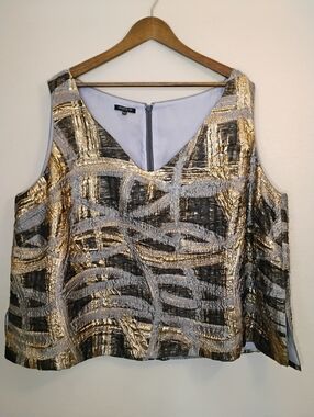 Lafayette 148 Sleeveless Tunic Womens 24W Gold Silver Metallic Abstract Rear Zip
